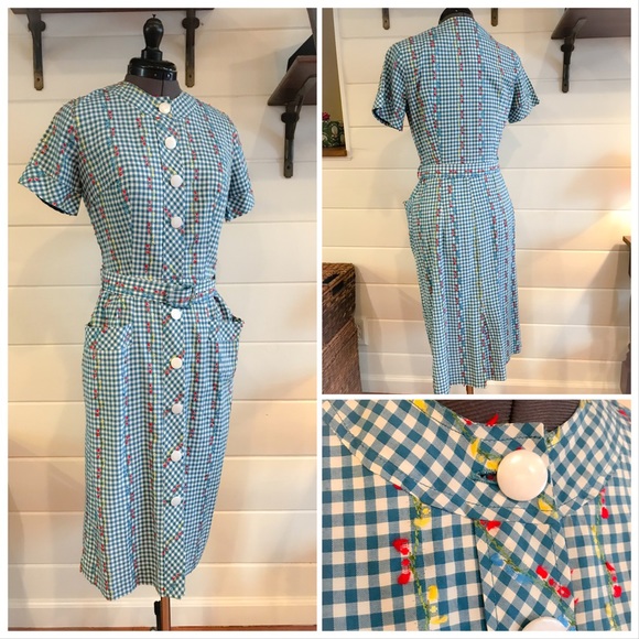 Dresses & Skirts - VINTAGE! 1950s blue and white checkered dress
